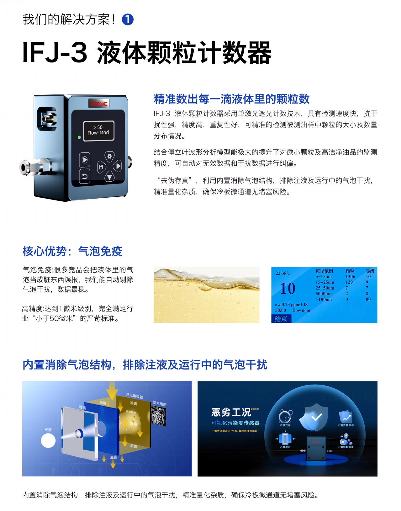 精準(zhǔn)數(shù)出每一滴液體里的顆粒數(shù)
IFJ-3液體顆粒計(jì)數(shù)器采用單激光遮光計(jì)數(shù)技術(shù)，具有檢測(cè)速度快，抗干擾性強(qiáng)，精度高，重復(fù)性好，可精準(zhǔn)的檢測(cè)被測(cè)油樣中顆粒的大小及數(shù)量分布情況。
結(jié)合傅立葉波形分析模型能極大的提升了對(duì)微小顆粒及高潔凈油品的監(jiān)測(cè)精度，可自動(dòng)對(duì)無(wú)效數(shù)據(jù)和干擾數(shù)據(jù)進(jìn)行糾偏。
“去偽存真”，利用內(nèi)置消除氣泡結(jié)構(gòu)，排除注液及運(yùn)行中的氣泡干擾，精準(zhǔn)量化雜質(zhì)，確保冷板微通道無(wú)堵塞風(fēng)險(xiǎn)。